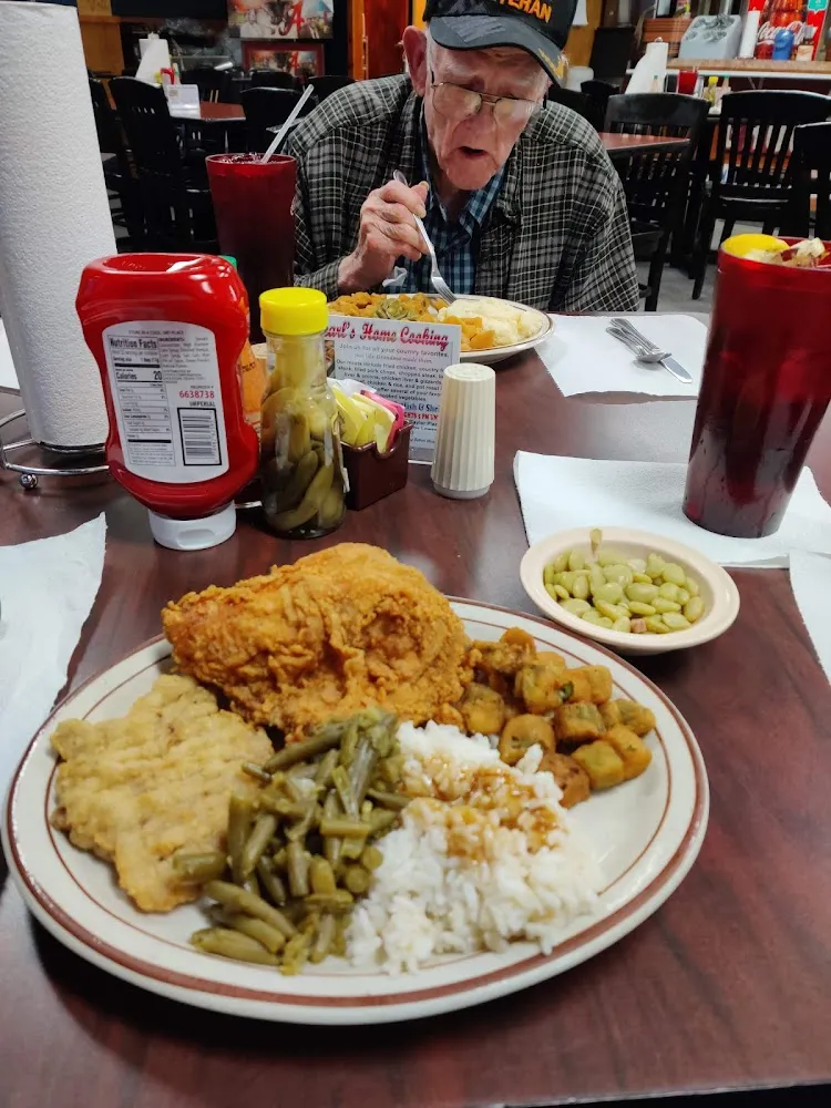 Fried Chicken and Fried Okra and Rice and Gravy