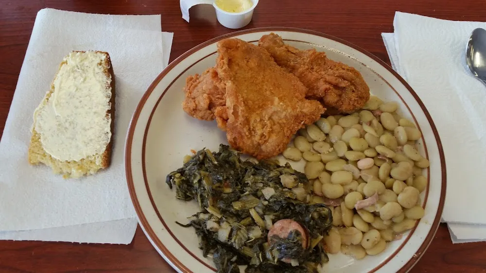 Jay's Famous Fried Chicken with Butter Beans and Cabbage with Cornbread and Bread Pudding